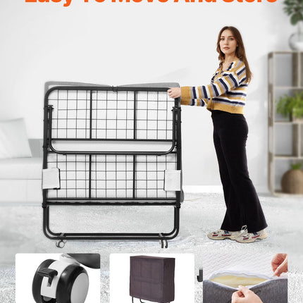 Rollaway Bed, 96.5 cm x 190 cm Folding Bed with 10 cm Mattress, Twin Size Foldable Bed with Sturdy Metal Frame & Memory Foam Mattress, Portable Roll Away Bed with Mattress, for Adults, Guest