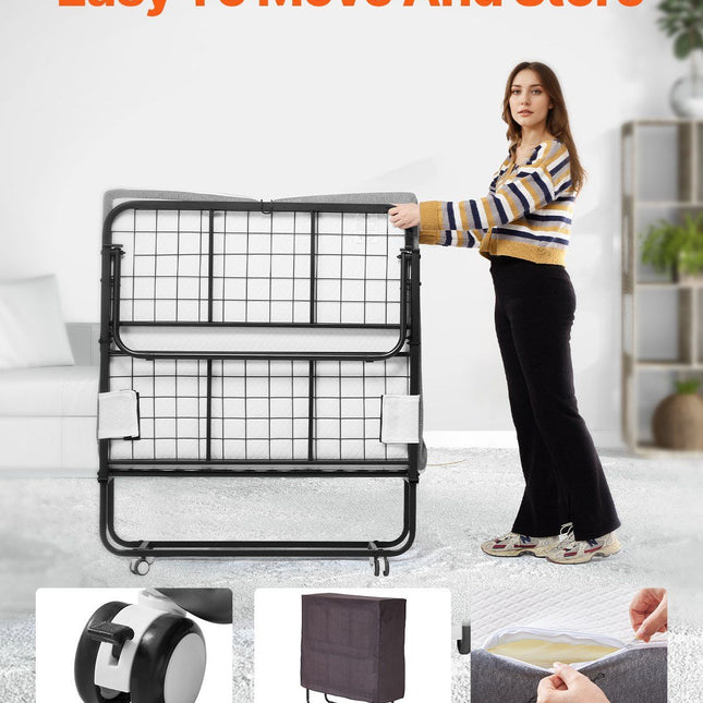 Rollaway Bed, 96.5 cm x 190 cm Folding Bed with 10 cm Mattress, Twin Size Foldable Bed with Sturdy Metal Frame & Memory Foam Mattress, Portable Roll Away Bed with Mattress, for Adults, Guest