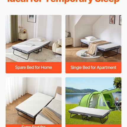 Rollaway Bed, 96.5 cm x 190 cm Folding Bed with 10 cm Mattress, Twin Size Foldable Bed with Sturdy Metal Frame & Memory Foam Mattress, Portable Roll Away Bed with Mattress, for Adults, Guest