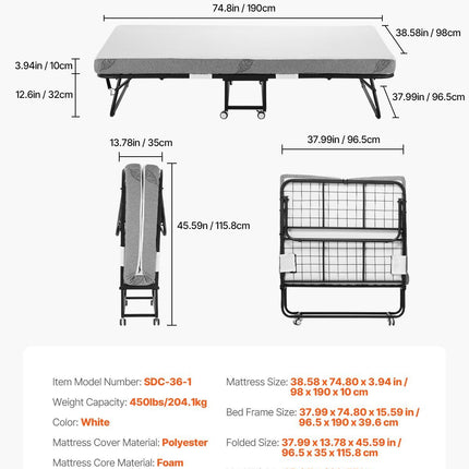 Rollaway Bed, 96.5 cm x 190 cm Folding Bed with 10 cm Mattress, Twin Size Foldable Bed with Sturdy Metal Frame & Memory Foam Mattress, Portable Roll Away Bed with Mattress, for Adults, Guest