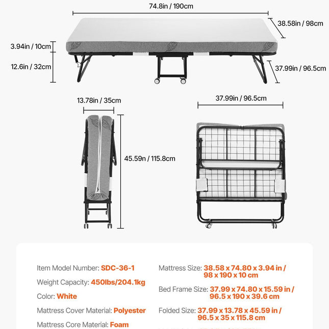 Rollaway Bed, 96.5 cm x 190 cm Folding Bed with 10 cm Mattress, Twin Size Foldable Bed with Sturdy Metal Frame & Memory Foam Mattress, Portable Roll Away Bed with Mattress, for Adults, Guest