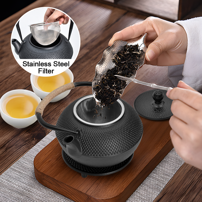 1.2L Cast Iron Teapot and Warmer Set Tea Kettle Iron Bottle With Stainless Steel Mesh Infuser and Anti-Scald Handle Compatible with Multi-Heat Source Black