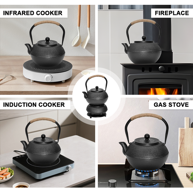 1.2L Cast Iron Teapot and Warmer Set Tea Kettle Iron Bottle With Stainless Steel Mesh Infuser and Anti-Scald Handle Compatible with Multi-Heat Source Black