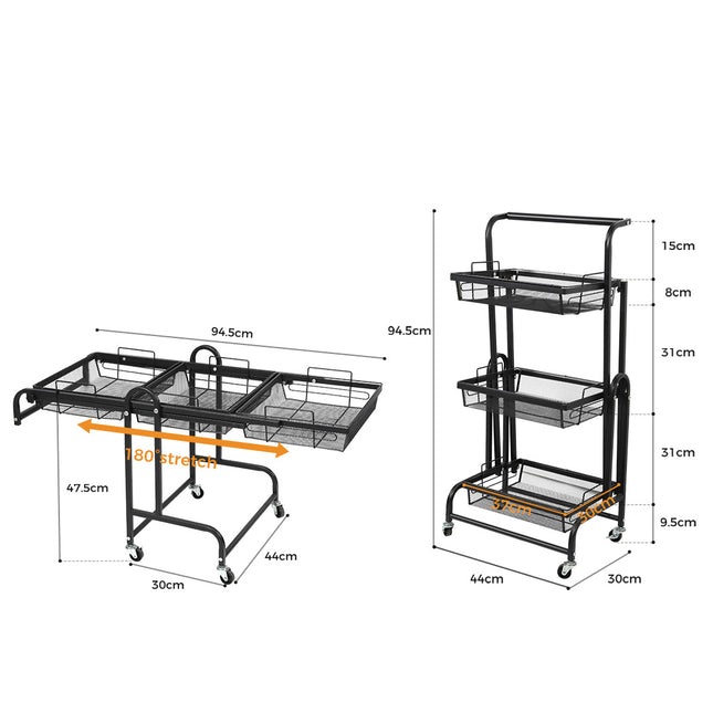 Levede 3 Tier Kitchen Trolley Cart Swivel Black Colour-1954802798449266690