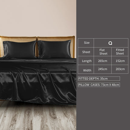 DreamZ Silky Satin Sheets Fitted Flat Queen Black-1973194024038830082