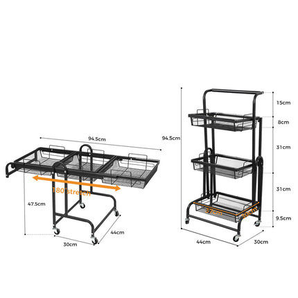 Levede 3 Tier Kitchen Trolley Cart Swivel Black Colour-1975420477254012930